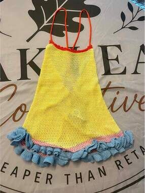 SHEIN Yellow Crochet Ruffle Trim Mini Dress with Orange Straps